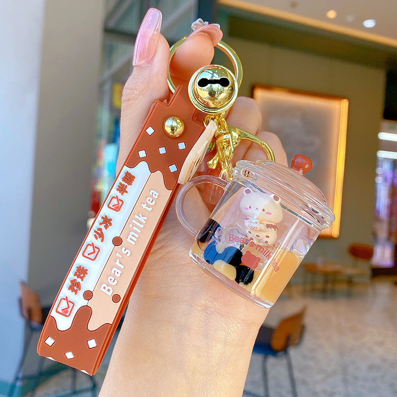 Creative Cartoon Oil-Filled Bubble Tea Keychain Cute Exquisite Car Key Chain Couple Bags Pendant Gift