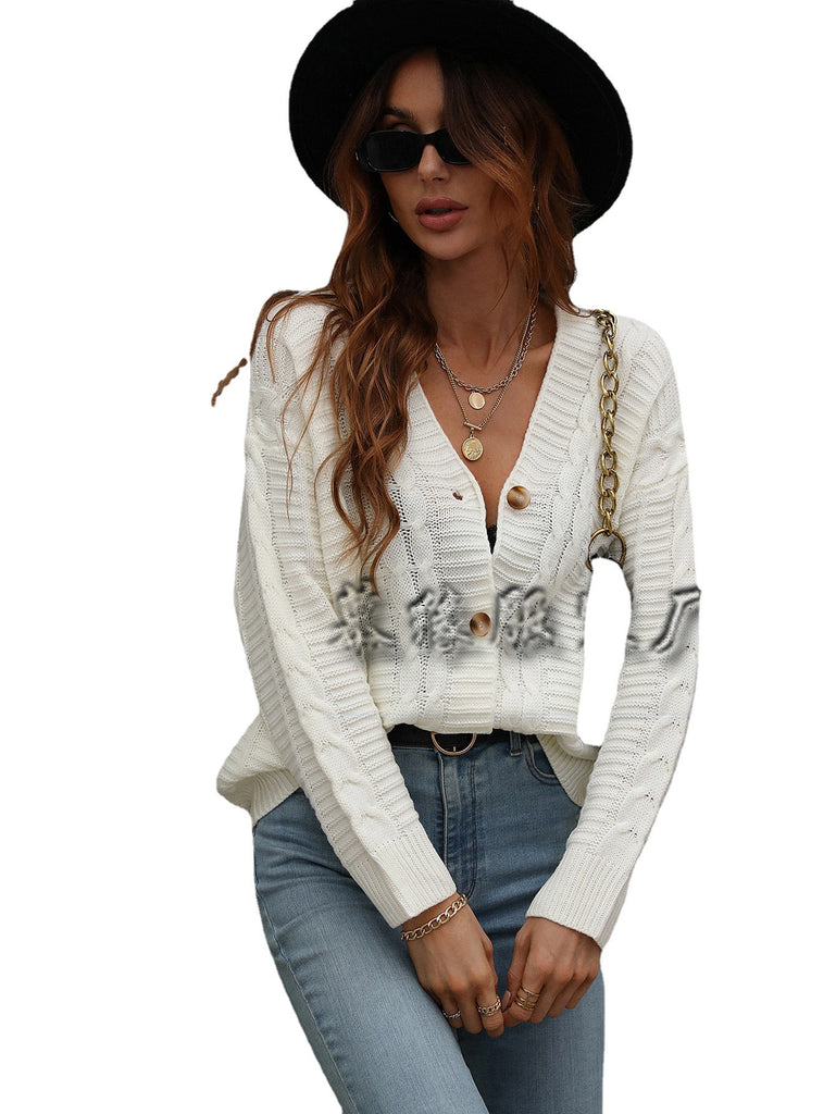 Button Women's Loose Solid Color Twisted String Knitted Cardigan Women's Foreign Trade Sweater Women
