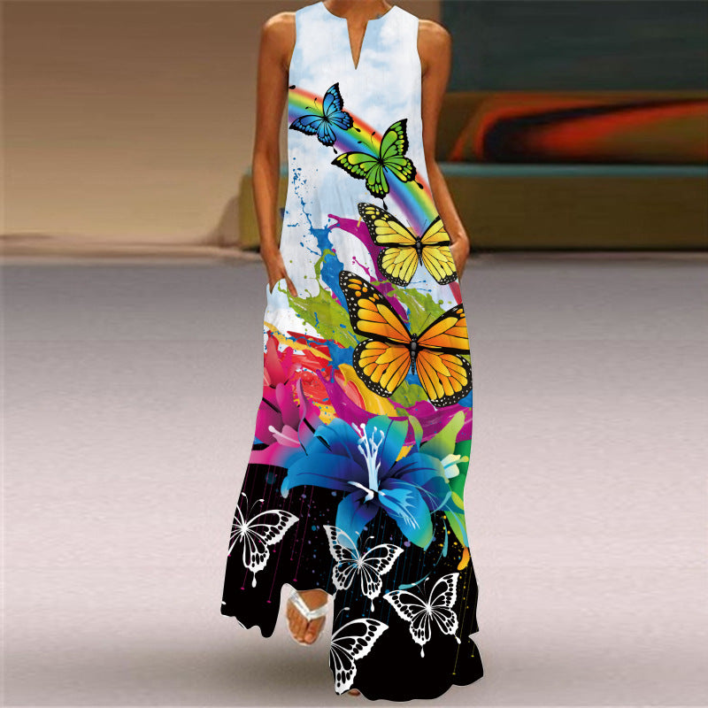 Sexy Digital Printed V-neck Sleeveless Dress Pocket European and American Style Dress