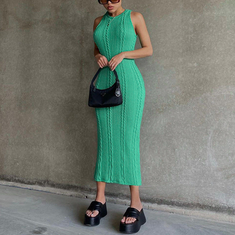 Popular Sheath High Waist Slim-Fit Solid Color Large Size One-Step Long Skirt Knitted Sleeveless Pullover round Neck Dress