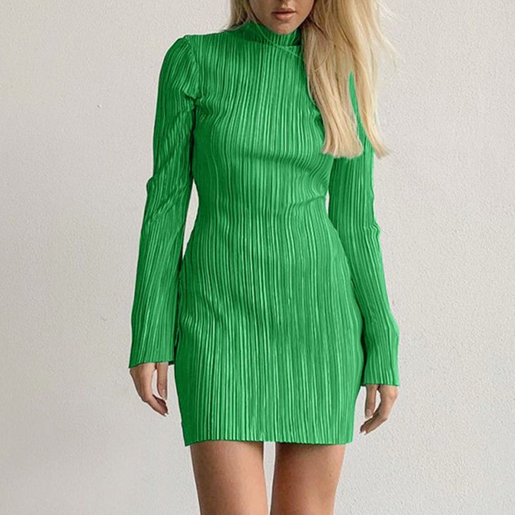 Pleated Dress Commuter Waist-Tight Green Pleated Long Sleeve Short Dress A- line Skirt