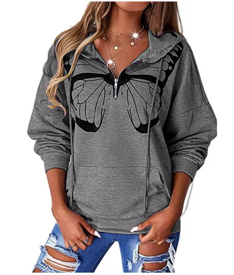 Stitching Printing Hooded Loose Sweater