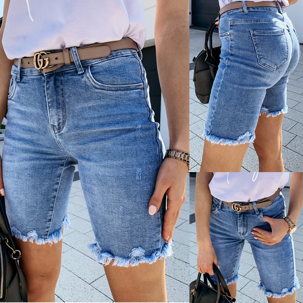 Denim with Hole Fifth Pants Fashionable Frayed Hem Tasseled Jeans Women