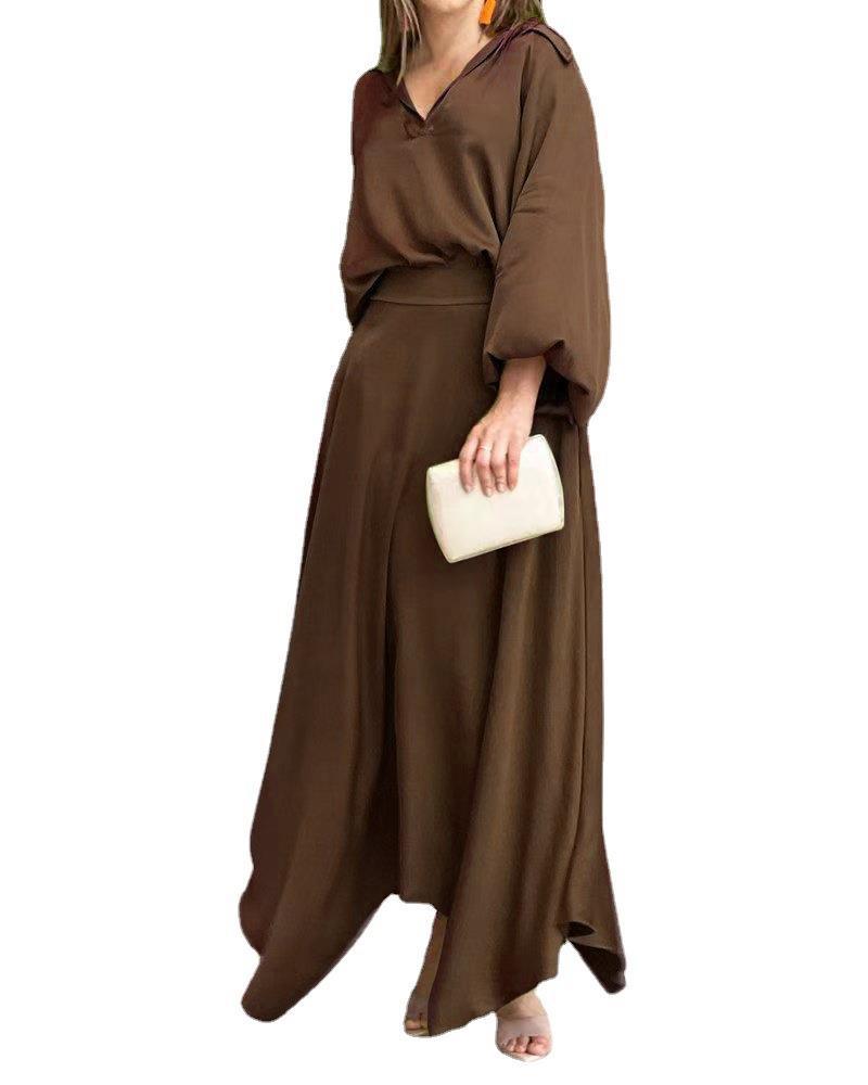 Loose-Fitting Solid Color Long Sleeves Top High Waist Long Skirt Suit