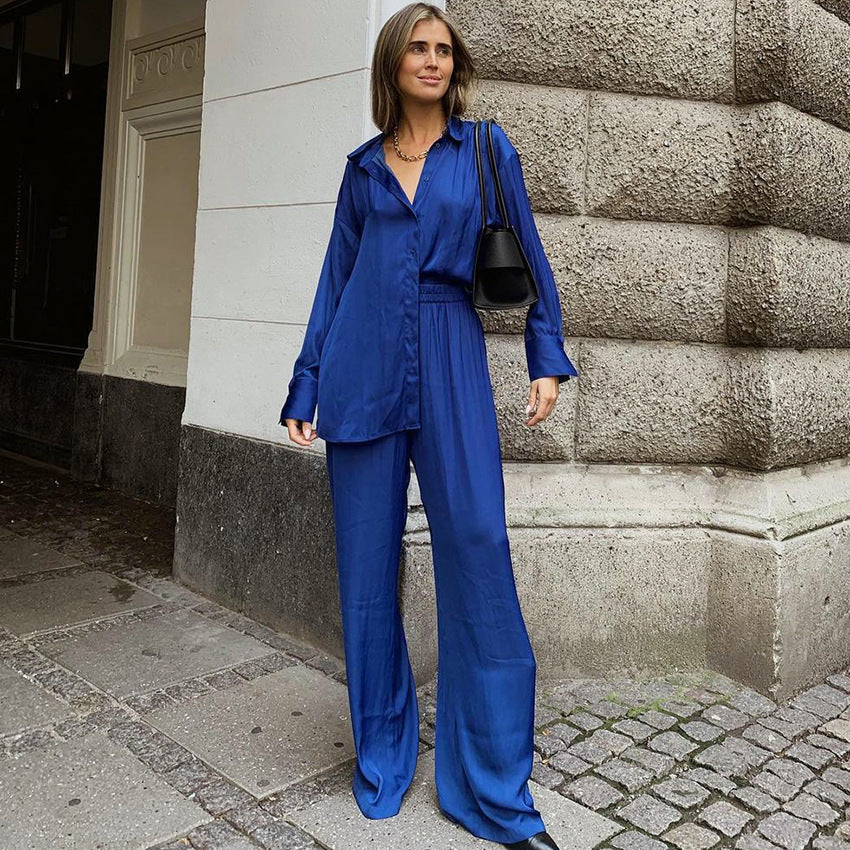 Klein Blue Casual Women 'S Satin Shirt Mop Trousers Two-Piece Set