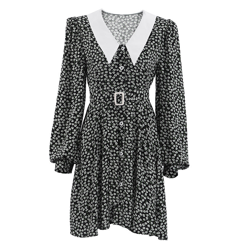 Bubble Sleeve French Floral Dress Commuter Cotton Long Sleeve A- line Dress for Women