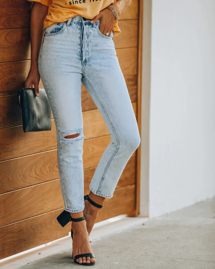 Retro Denim with Hole Cropped Pants Casual Pants