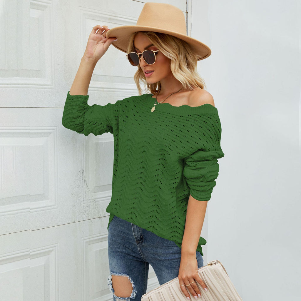 Solid Color Hollow-Out Pullover Lace Knitwear Off-Shoulder Sweater For Women