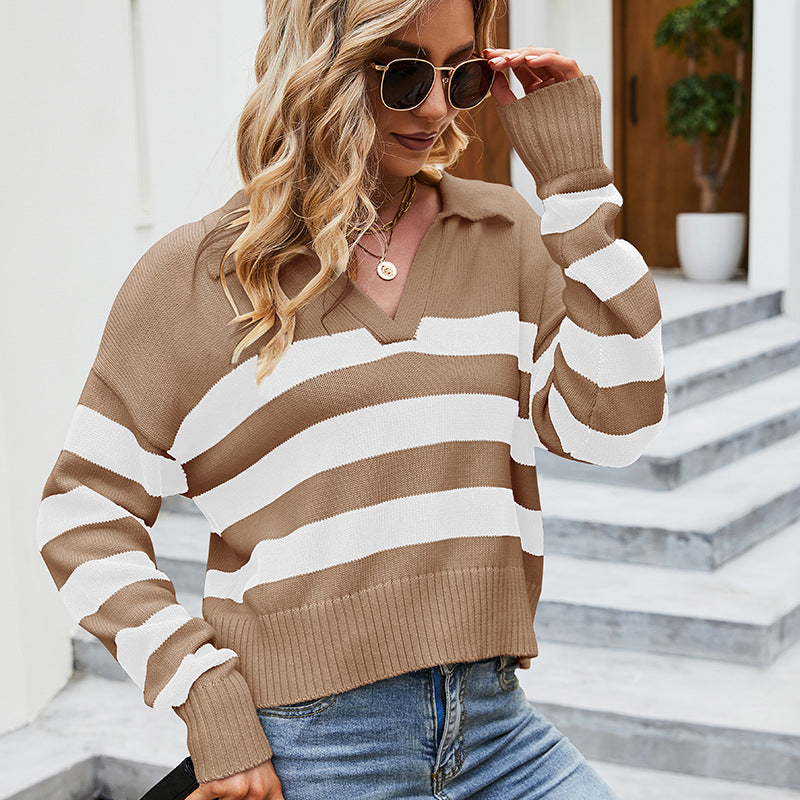 Long Sleeve Polo Collar Cotton Knitted Top Women Loose Striped Contrast Color Pullover