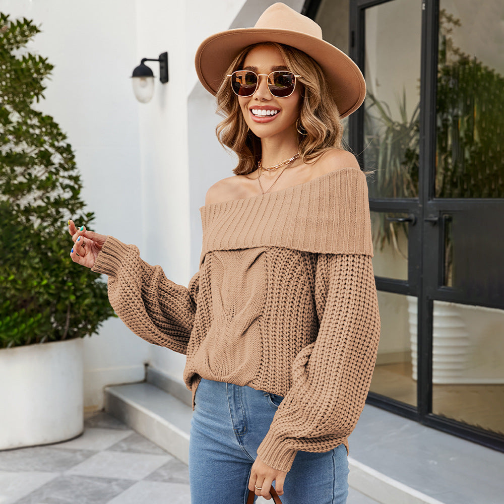 off-Shoulder Sexy Twisted Rope Knitwear Pullover European and American Foreign Trade Loose off-Shoulder Sweater for Women