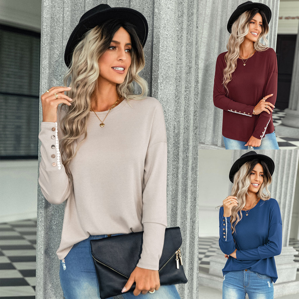 2022 New Solid Color Loose Top Women's American Station European and American Style Fashion Casual round Neck T-shirt