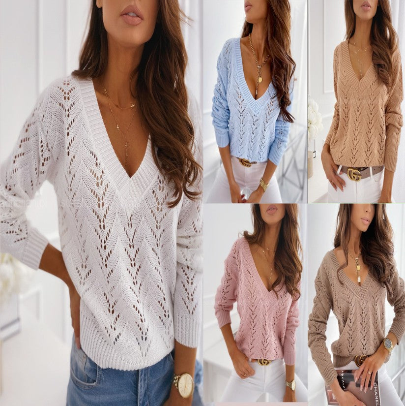 Polish Style Solid Color Mocha Hollow out V-neck Knitwear Sweater