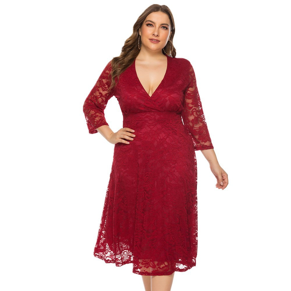 Women's Evening Dress Swing Mid-Length Dress Hollow Red Lace Dress