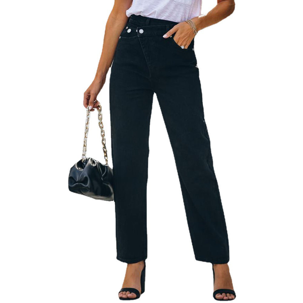 Black Irregular Waist Design Personalized Denim Pants Casual Pants Fashion