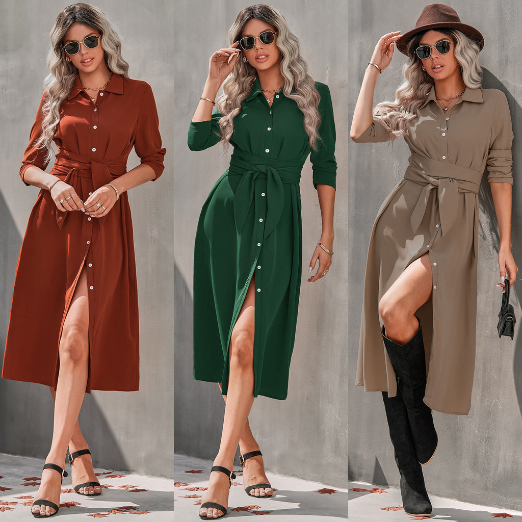 2022 Autumn and Winter New Fashion Slim Single-Breasted Tie Waist Dress for Women