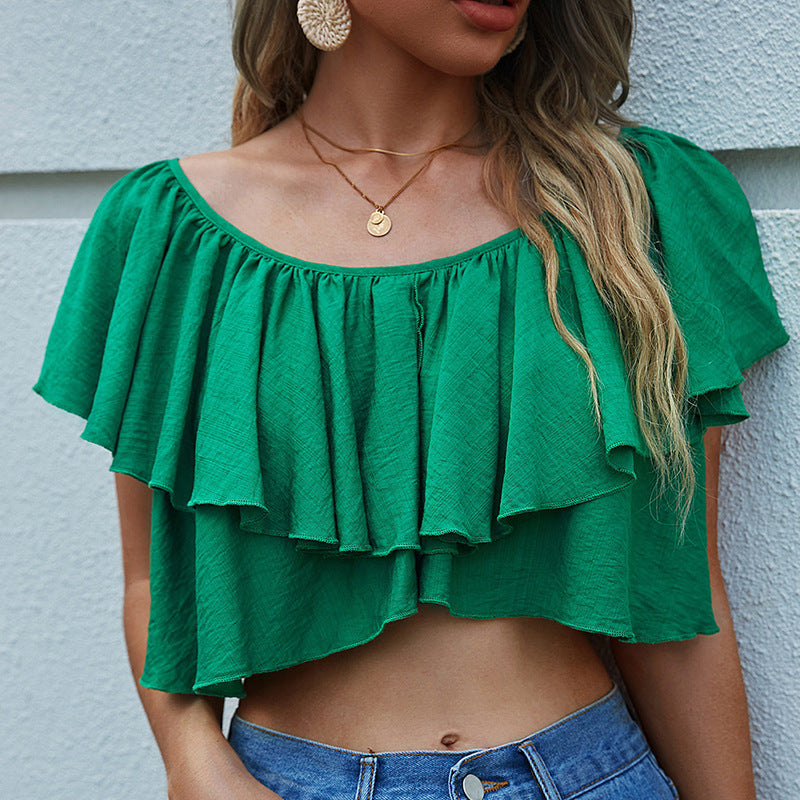 Solid Color round Neck Pleated Irregular Show Belly Sexy Short Women's Blouse Shirt