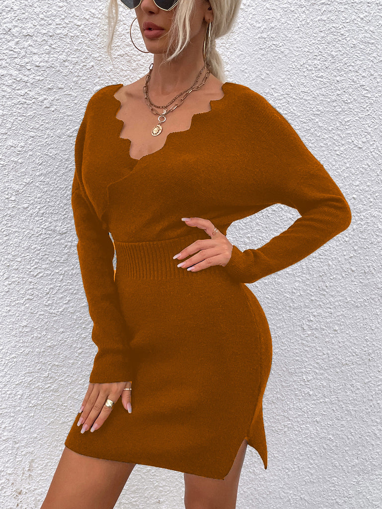Wave Pattern V-neck Split Sweater Dress for Women