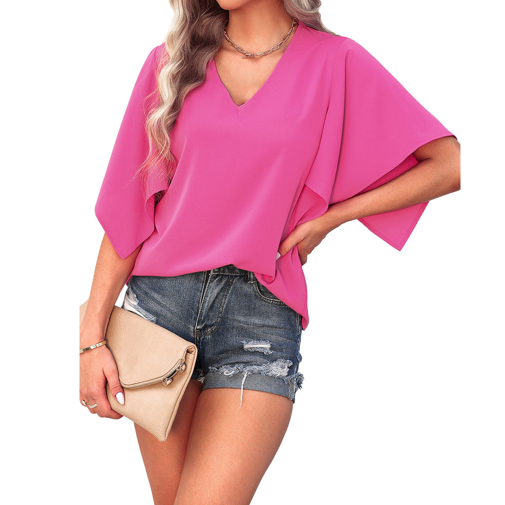 2022 Spring And Summer New Women 'S Short-Sleeve Shirt Fashion Solid Color And V-neck All-Matching Shirt