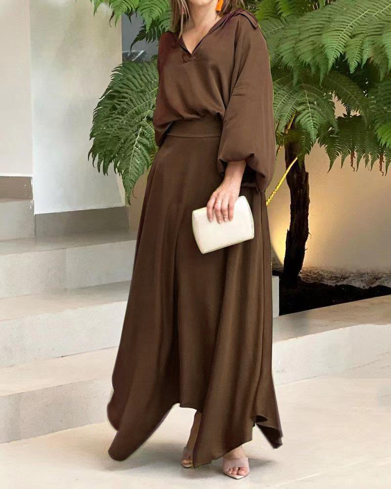 Loose-Fitting Solid Color Long Sleeves Top High Waist Long Skirt Suit