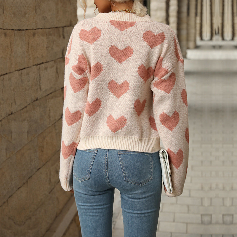 Autumn and Winter European and American Fashionable Knitted Casual Love Long-Sleeved Pink Sweater
