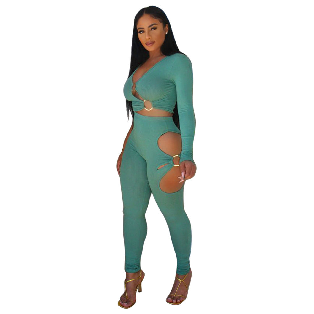 Large Size Women's Clothing Solid Color High-Elastic Sunken Stripe Sexy V-neck Two-Piece Suit
