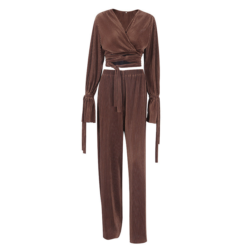 Long Sleeves Cropped Wide-Leg Pants Suit Design Pleated Two-Piece Suit for Women