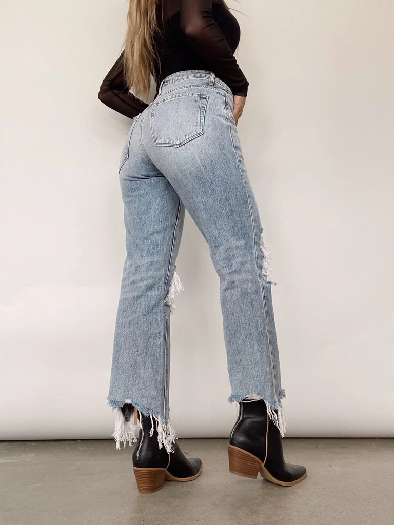 Jeans Autumn Hot Sale in Europe and America Water Washed Hole High Waist Loose Straight Trousers