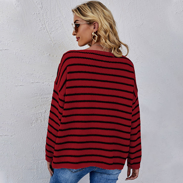 Striped Sweater Pullover Plus Size Loose And Idle Color-Block Crew Neck Sweater