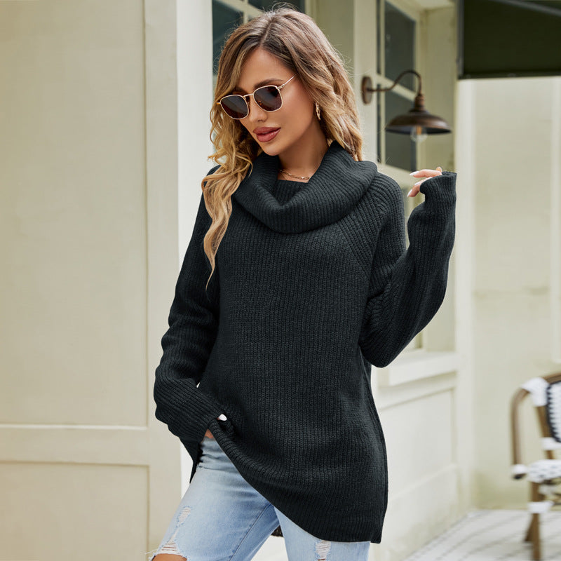 European and American-Style Mid-Length Sweater Women's Autumn and Winter Loose Comfortable Knitwear All-Match Solid Color Polo Collar Pullover Sweater