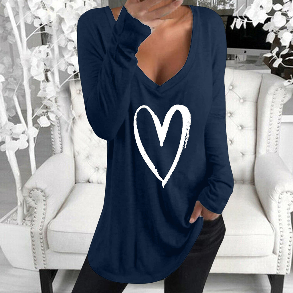 Women's Long-Sleeved V-neck Heart-Shaped Printed Casual Top T-shirt