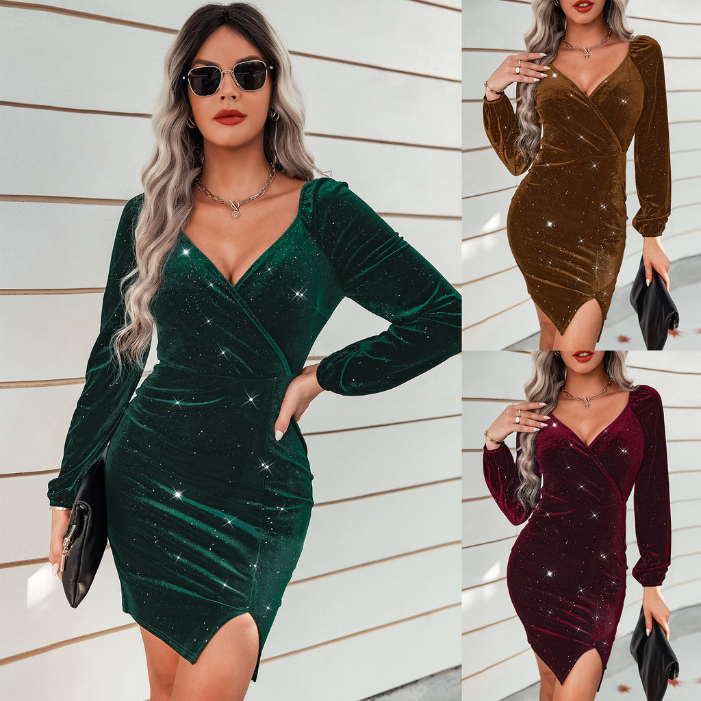 2022 Autumn and Winter New Sexy Hip Skirt European and American Women's Clothing Fashion V-neck Velvet Dress