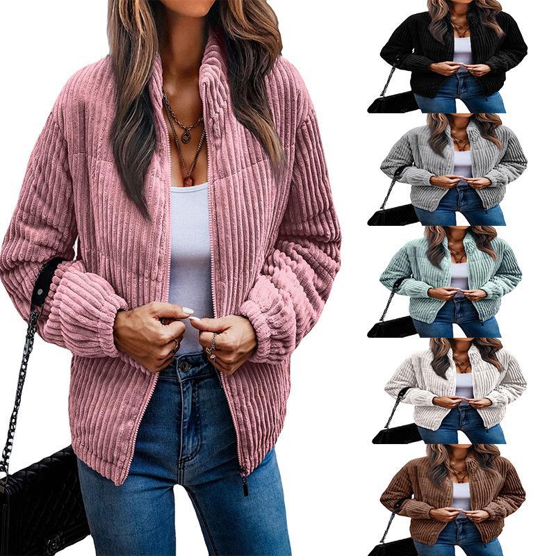 Fleece-Lined Long Sleeve Solid Color Rib Fabric Zipper Fashionable Jacket
