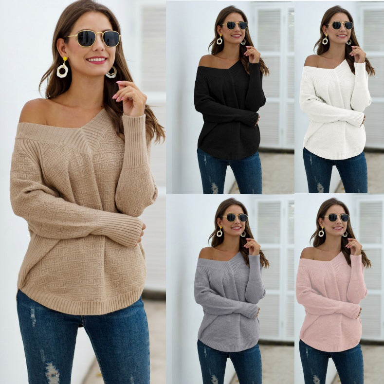 Autumn and Winter New Foreign Trade Irregular Loose V-neck Pullover Sweater Women