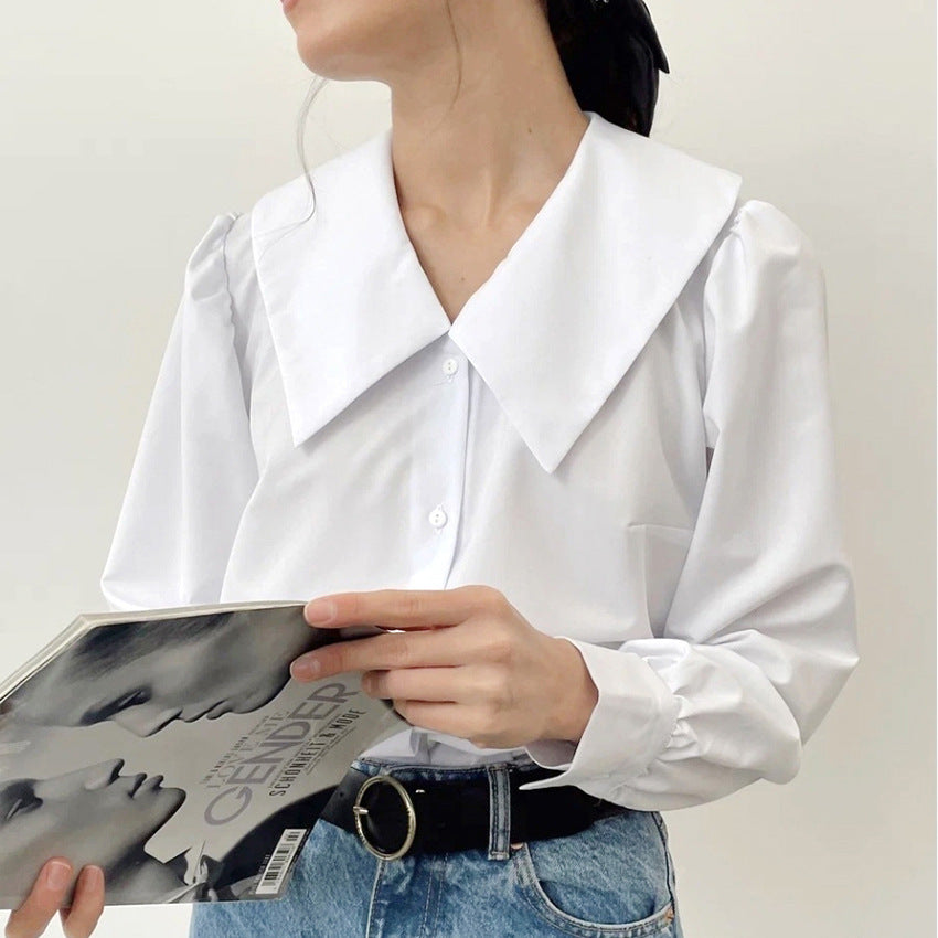 French Style Temperament Commuter Sailor Collar Casual Versatile Long Sleeves White Shirt European and American Classic Niche