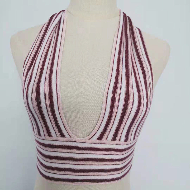 Contrast Color Halter Tied Top Sexy Backless Knitted Sling