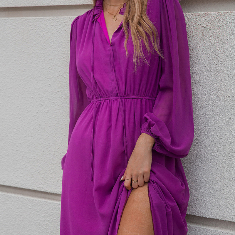 V-neck High-Waist Purple Dress Lace-up Foreign Trade Women's Dress