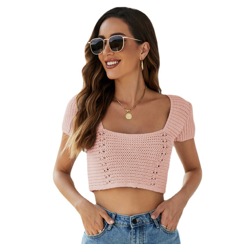 Sexy Short Cropped Knitted Top Hollow-out Cross Backless Short-Sleeved Knitted Bottoming Shirt