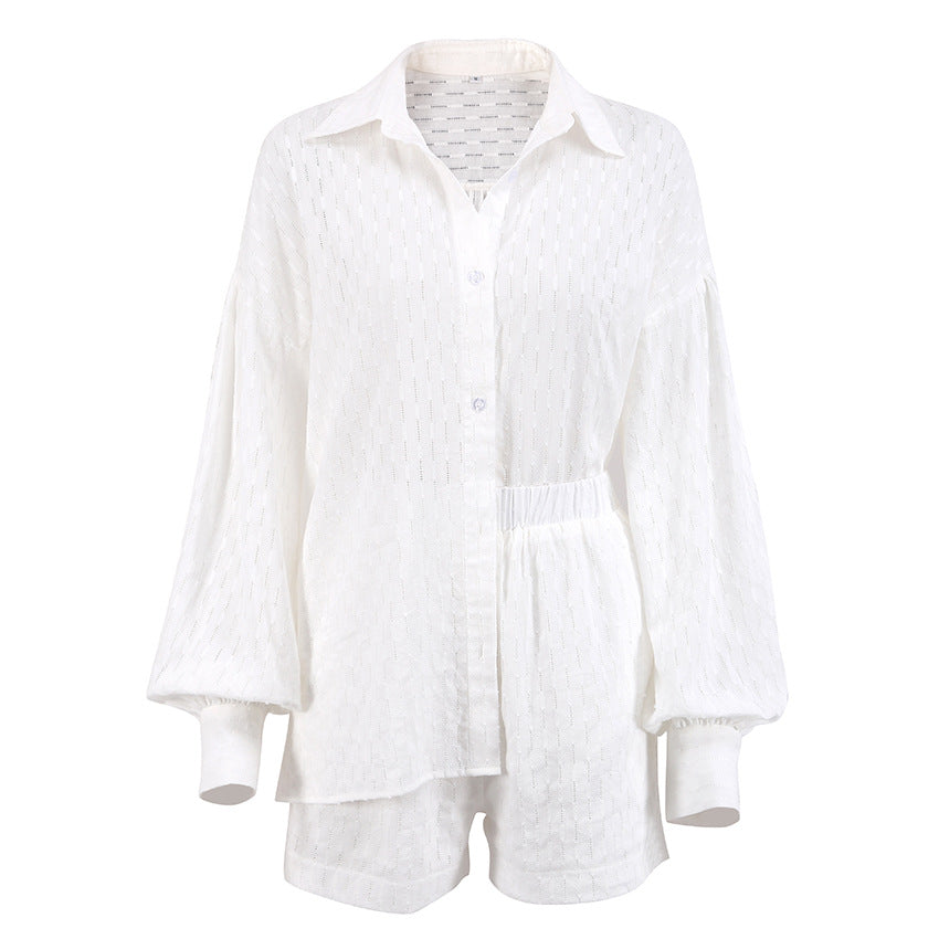 Hollow Jacquard Niche French Style Long Sleeve Suit Shirt Shorts Casual Women's Design White