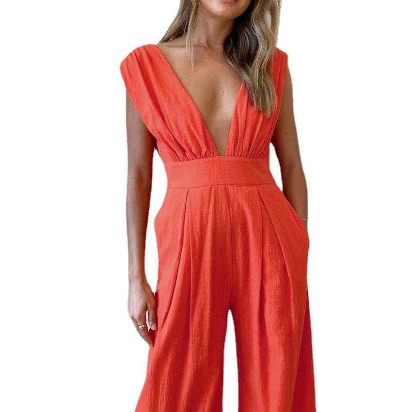 Summer New Deep V-neck Low-Cut Sexy High Waist European and American Leisure Cotton and Linen Jumpsuit Backless Bow Women