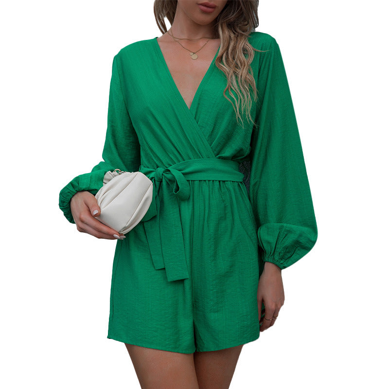 V-neck Green Long Sleeve Bowknot Lace-up Waist-Controlled Women's Jumpsuit