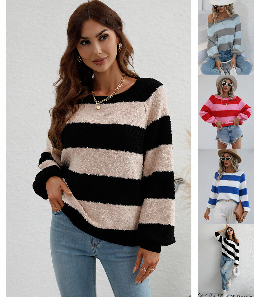2 Sweater Stitching Color Striped Sweater Pullover Loose Sweater for Women
