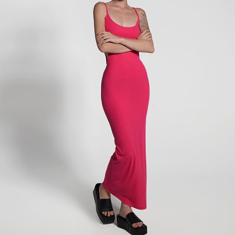 Sexy U Collar Slim-Fit Slimming Side Hollow-out Midriff Casual Simple Long Dress One-Step Pencil Dress