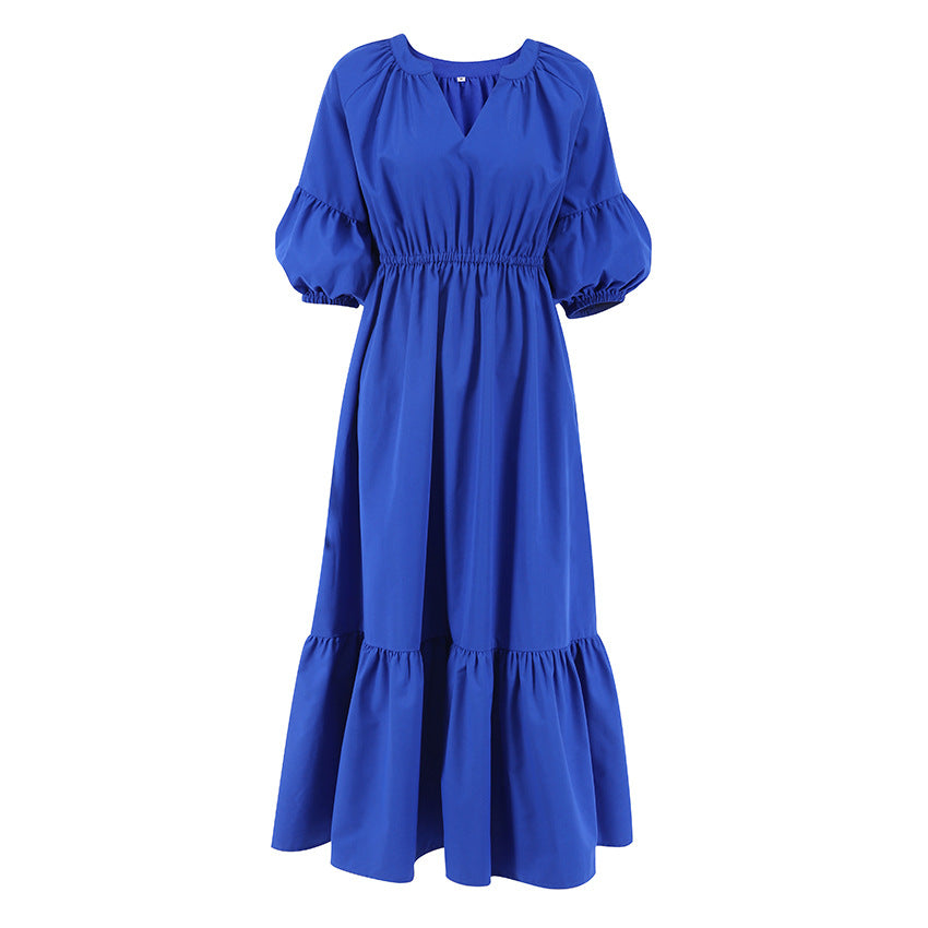 Klein Blue Puff Sleeve High Waist A- line Skirt Commuter Dress Long Skirt Fashion Simple Women