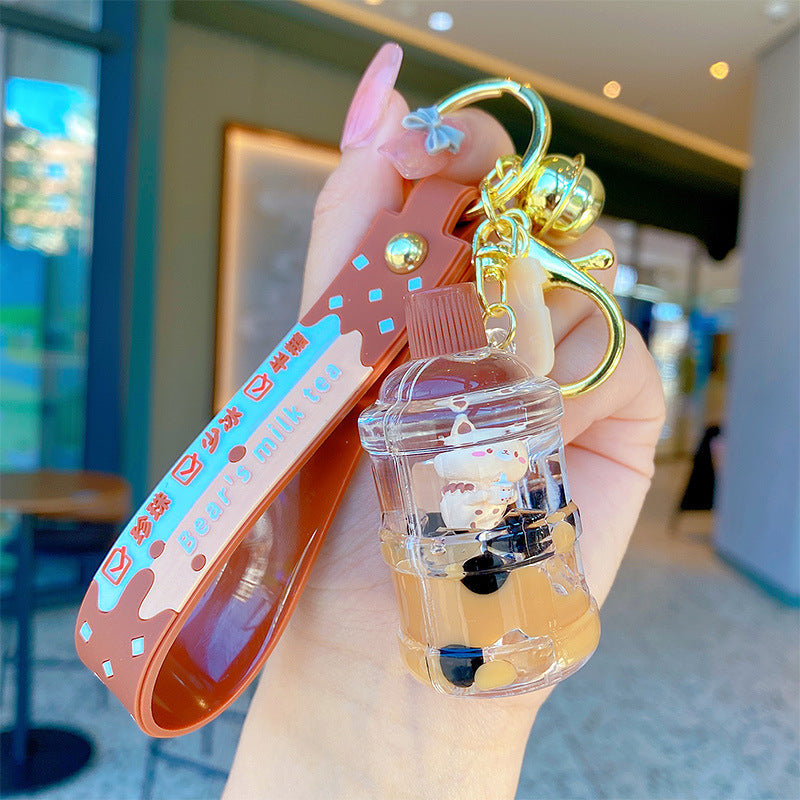 Creative Cartoon Oil-Filled Bubble Tea Keychain Cute Exquisite Car Key Chain Couple Bags Pendant Gift