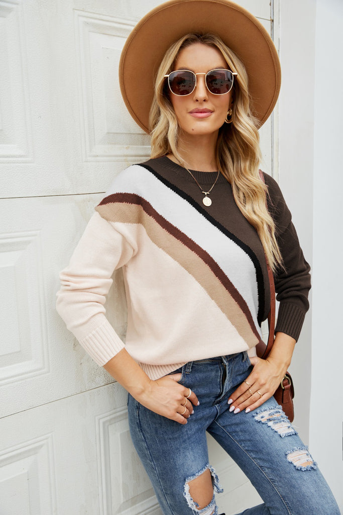 Oblique Stripe Color Matching Sweater Amazon Fashion Crew Neck Pullover Sweater Women