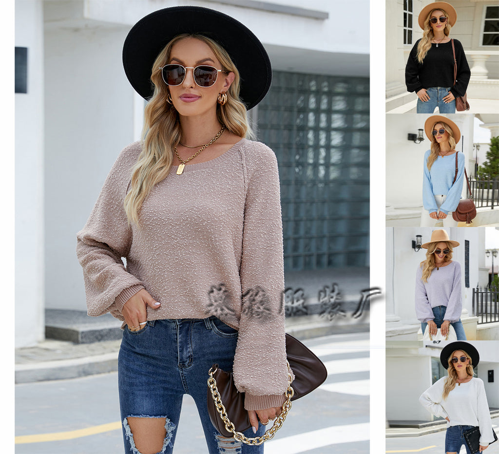 Fashion Long Sleeve round Neck Knitted Loose Solid Color Pullover Sweater Women