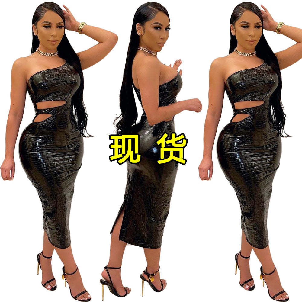 S390094 Women's new hot style PU sexy one-shoulder leather skirt tube top strap tight dress