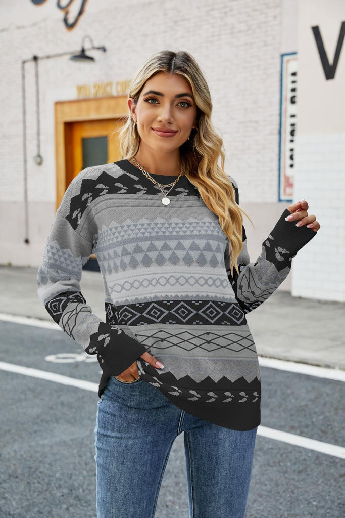 Retro Pattern Rhombus Jacquard Multi-Color Mosaic Knitwear Loose Crew Neck Pullover Sweater Women