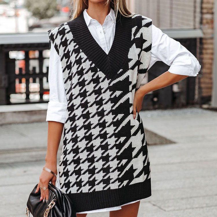 Loose V-neck Houndstooth Knitted Sweater Sleeveless Vest Waistcoat Women