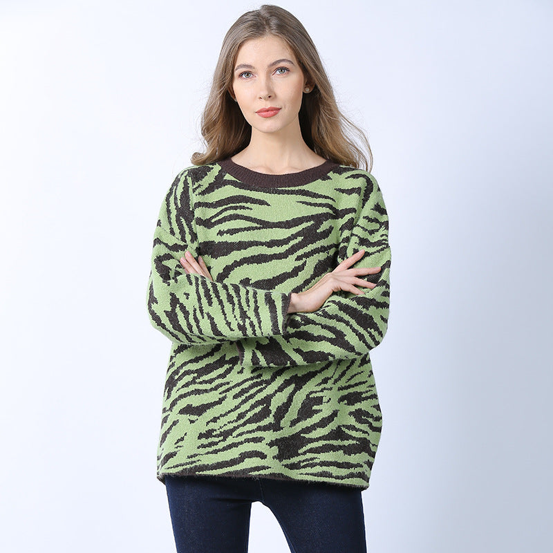 Zebra Print Sweater Women's Loose Outer Wear Idle Style round Neck Pullover Sweater Fashion